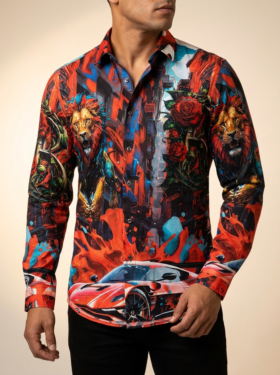 Lion and Supercar Graphic Long Sleeve Western Shirt #4SPR05