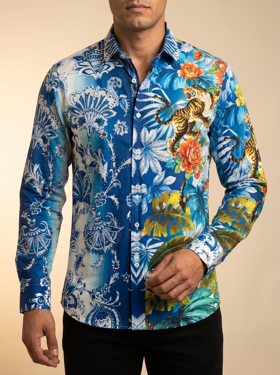 Barabas Tiger & Floral Print Long Sleeve Button-Down Shirt #5SPR08