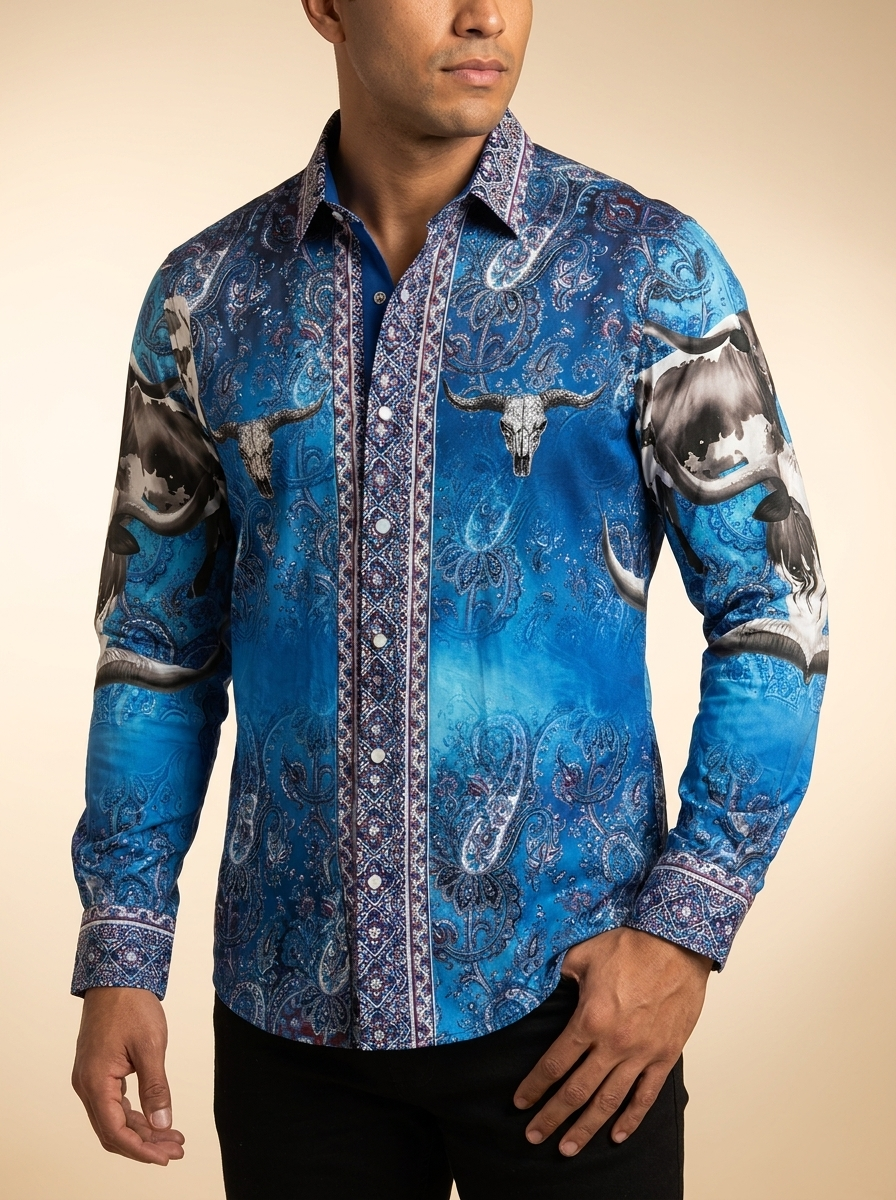 Barabas Men's Blue Paisley Western Shirt with Longhorn Skulls #5SPR12