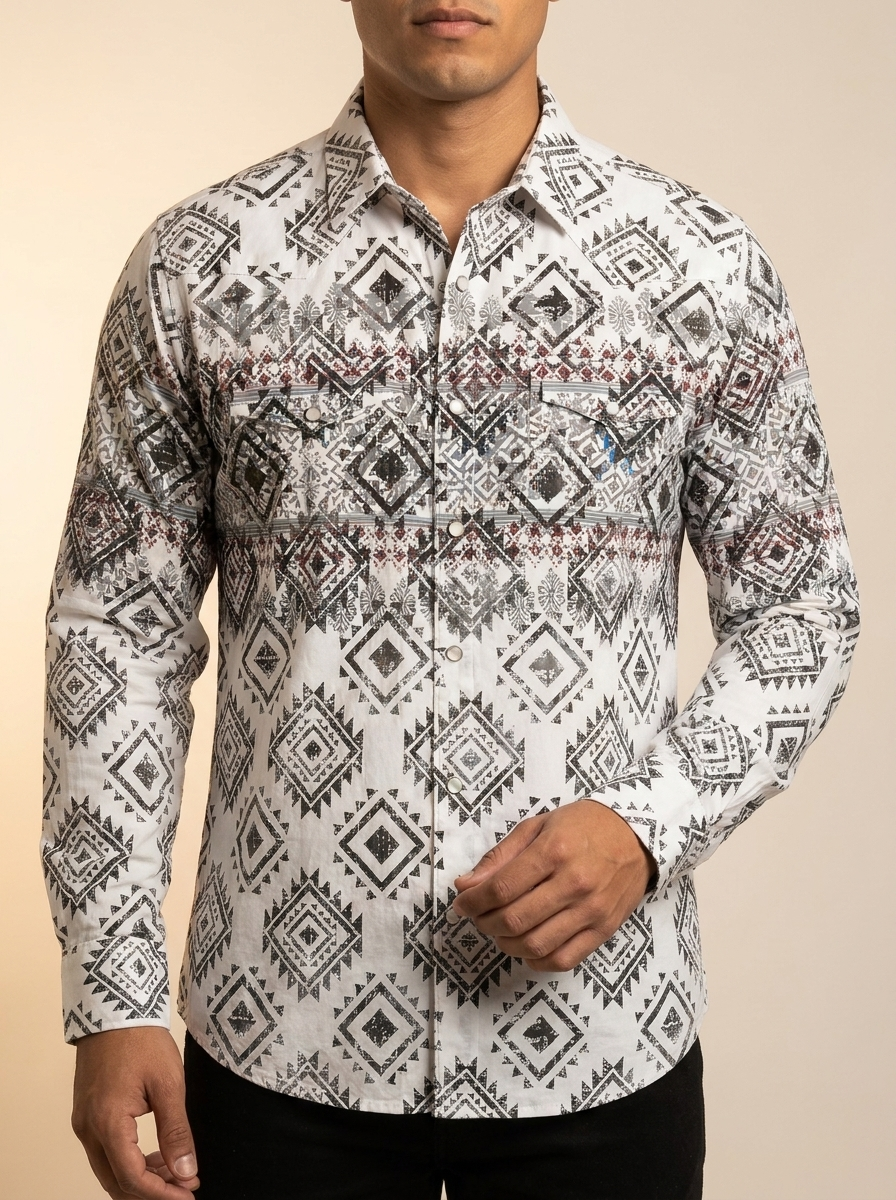 Lamasini Men's Aztec Geometric Print Pearl Snap Western Shirt  #LAM3039