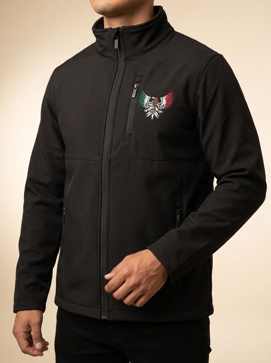 Men's Black Softshell Performance Jacket with Mexican Eagle Embroidery #SSR7008