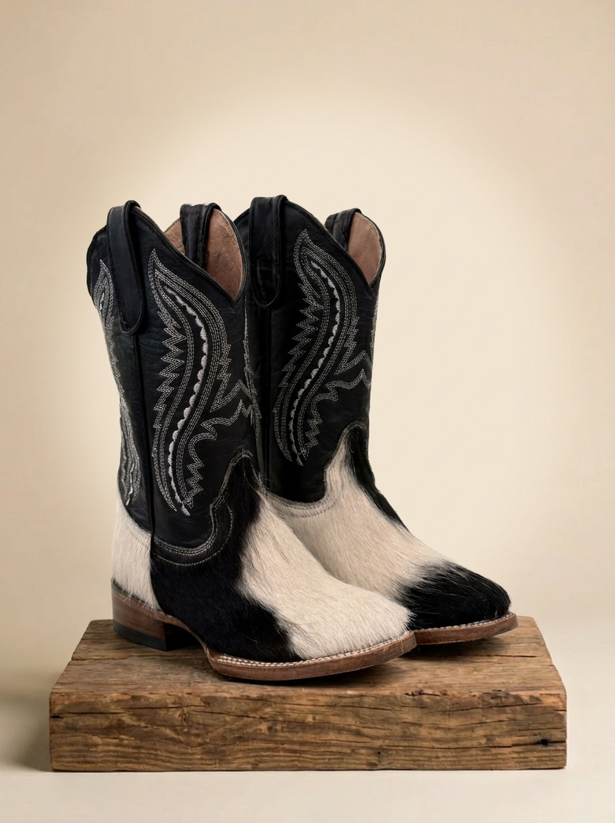 Tanner Mark Kids Black and White Cowhide Western Boots TMY205323