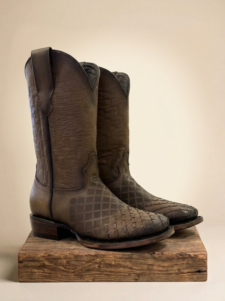 Silverstone Men’s Honey Geometric Burnished Leather Cowboy Boots
 #BC65118A