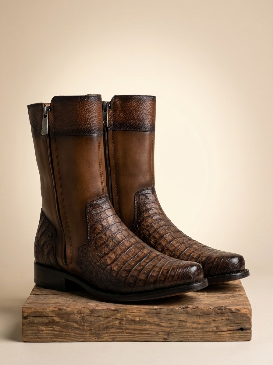 Franco Cuadra Hand-Burnished Caiman and Leather Side-Zip Boots #FC958