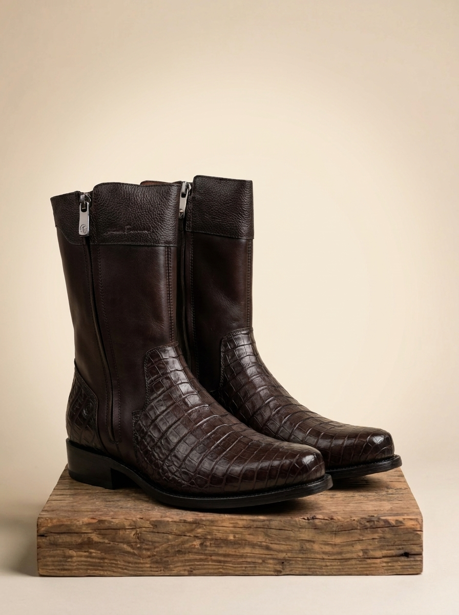 Franco Cuadra Caiman Round Toe Zipper Boots in Dark Brown #FC867