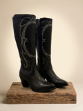 Cuadra Handcrafted Black Leather Tall Boots with Laser Cut and Embroidery #CC242
