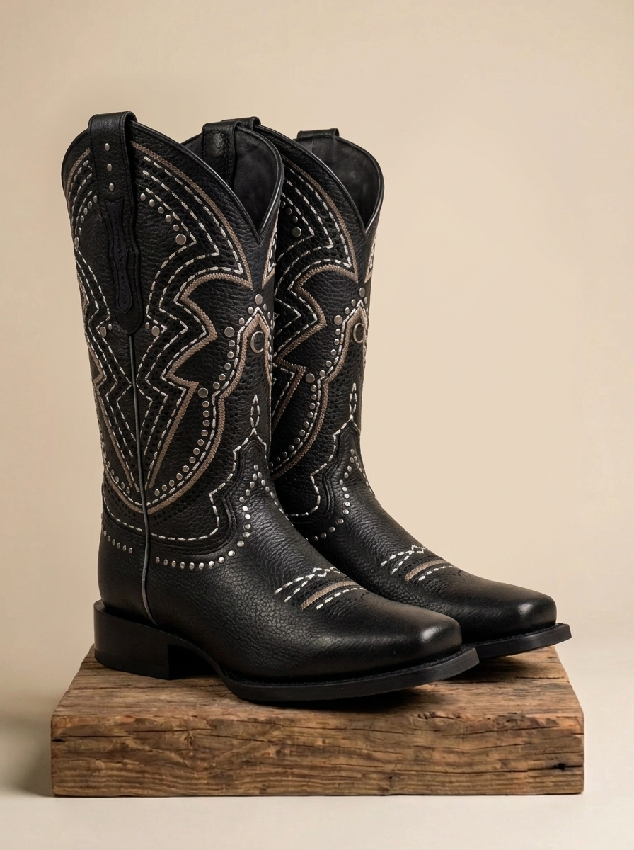 Cuadra Women Black Grained Leather Square Toe Boots #CU991