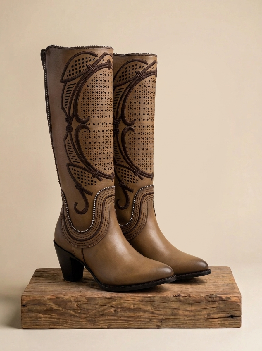 Tanner Mark Women's Tall Leather Western Boots with Perforated Overlay #CC241