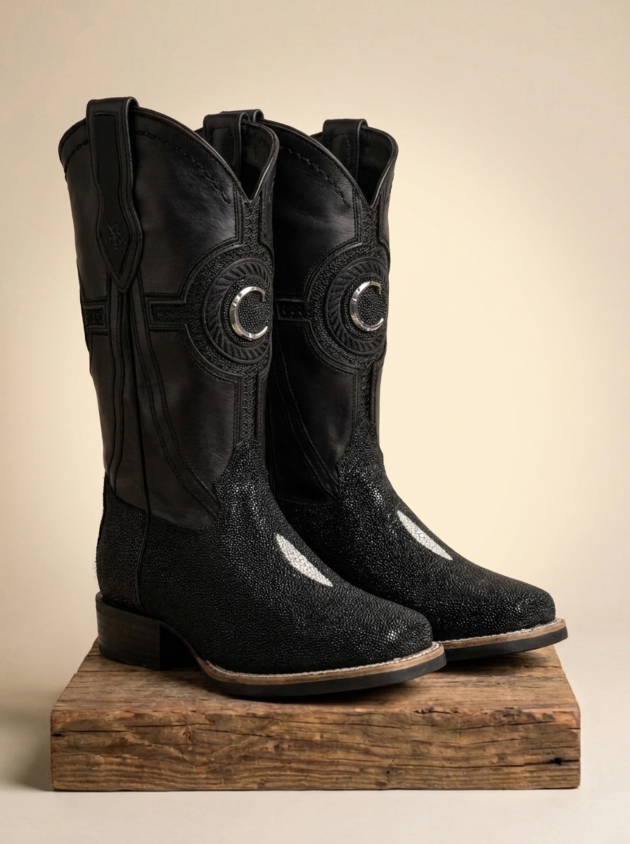 Cuadra Handcrafted Black Stingray Square Toe Cowboy Boots with Metallic Hardware #CC221