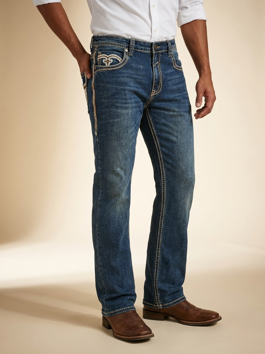 Men's Relaxed Fit Bootcut Western Jeans with Heavy Embroidery #MJ101