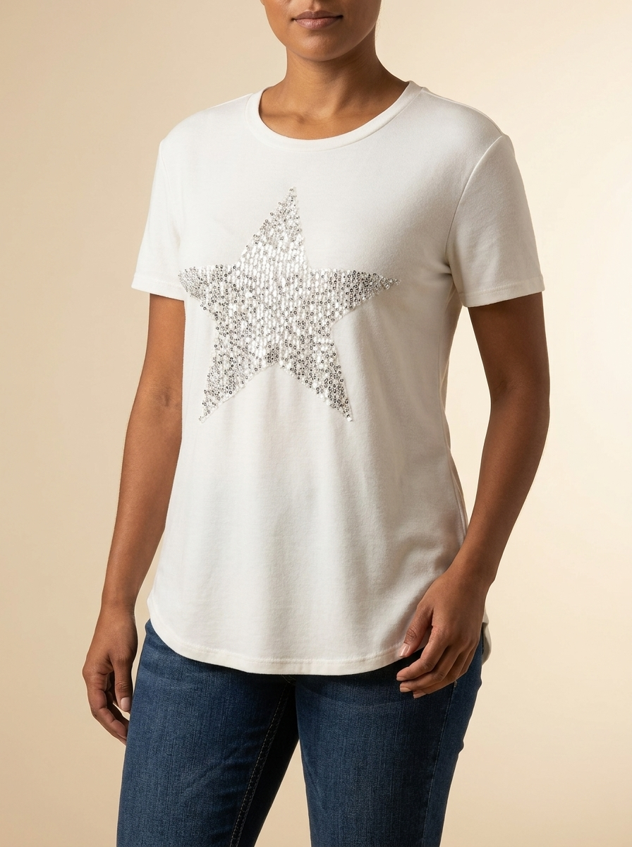Origami Women's Sequin Star Graphic T-Shirt in Bone