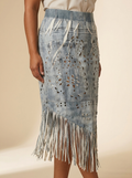 Origami Acid Wash Denim Jacket with Laser-Cut Floral Embroidery and Fringe
