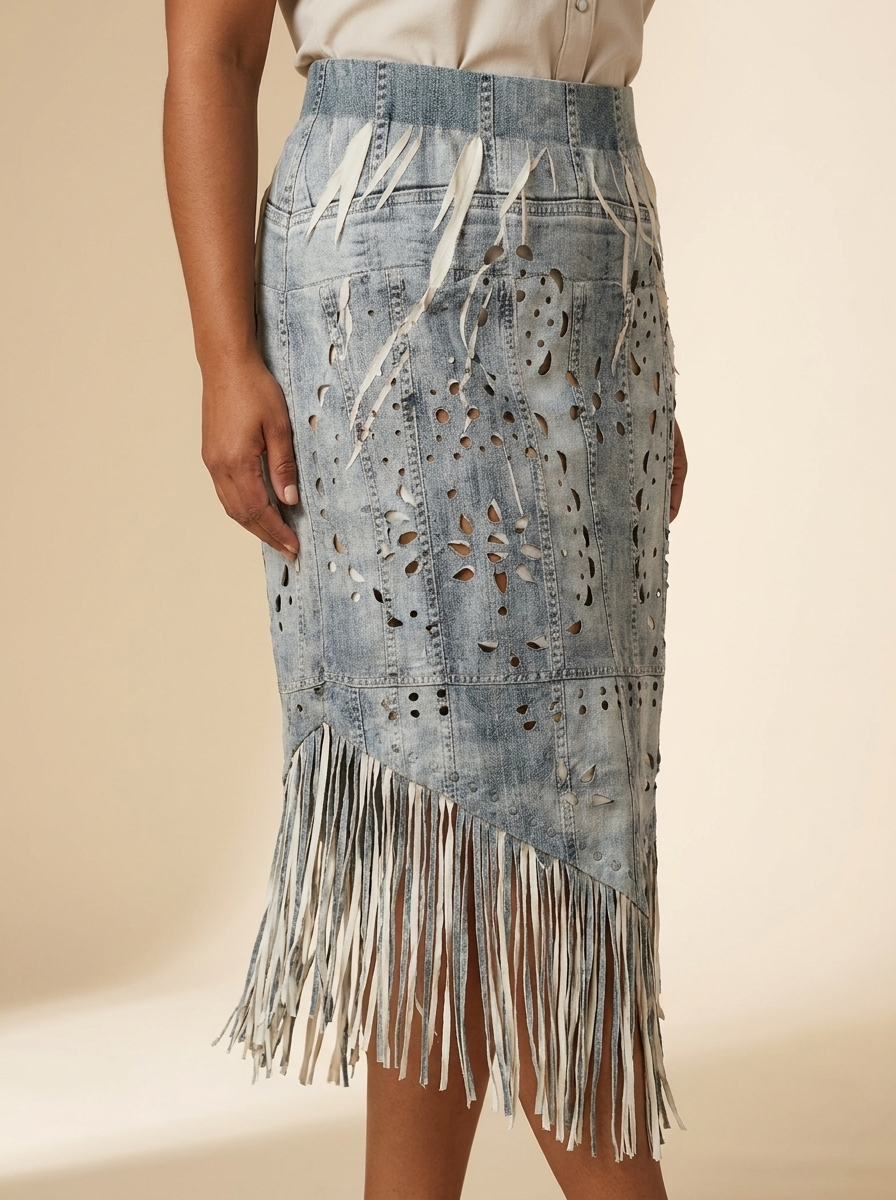 Origami Acid Wash Denim Jacket with Laser-Cut Floral Embroidery and Fringe
