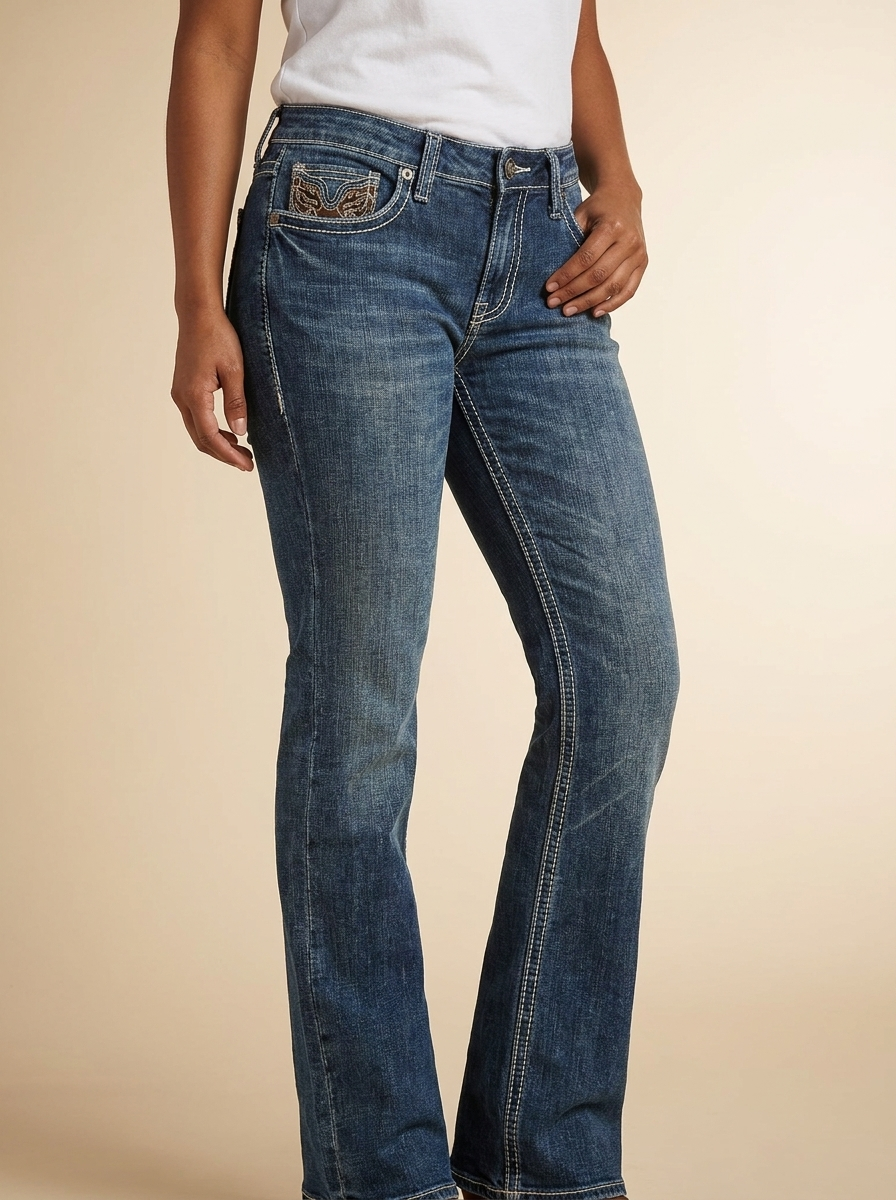 Women's Bootcut Jeans with Brown Faux Leather Pocket Embroidery