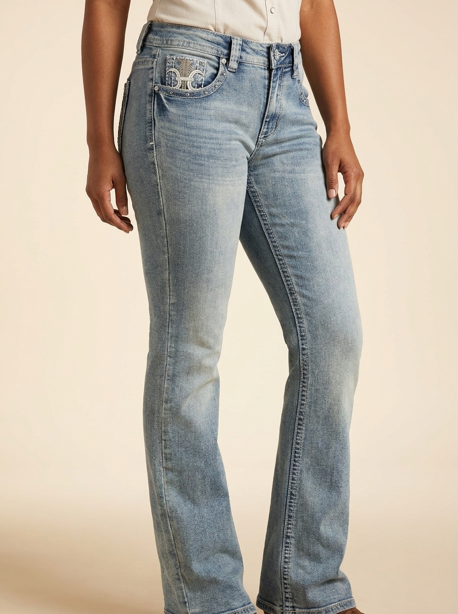 Women's Mid-Rise Bootcut Jeans with Embroidered Fleur-de-Lis Pockets #LJ101