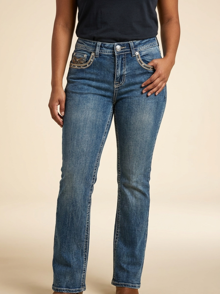 Women's Mid-Rise Bootcut Jeans with Crystal-Studded Pockets #MeetMe25