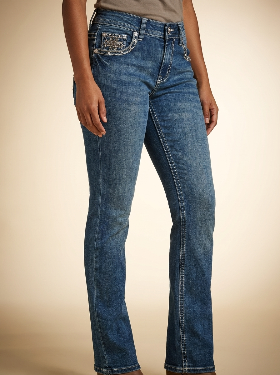 Women's Mid-Rise Bootcut Jeans with Cross Embroidery and Rhinestone Details #EC-W094