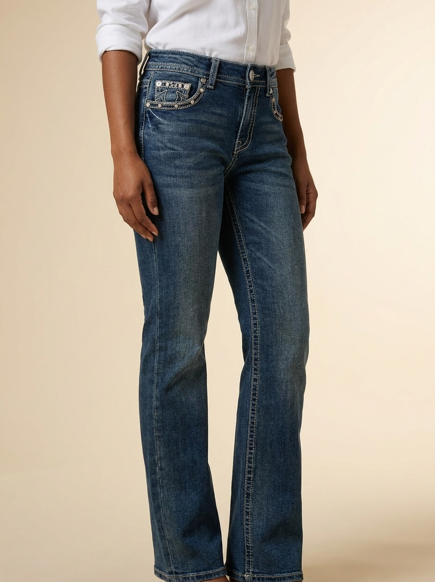 Women's Mid-Rise Bootcut Jeans with Crystal Embellished Pockets #EC-W036