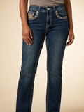 Women's Dark Wash Bootcut Jeans with Rhinestone Butterfly Embroidery