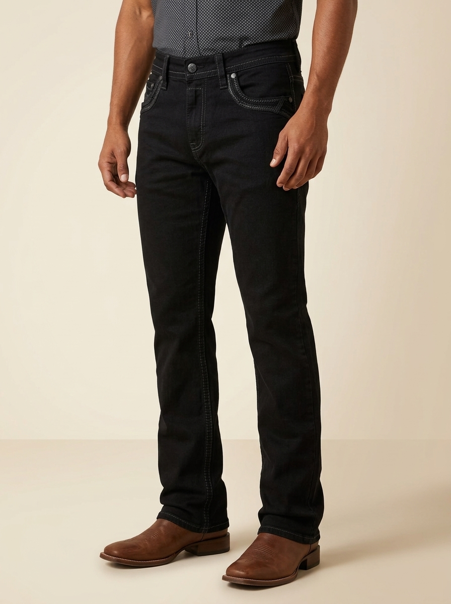 Deep Black Straight Leg Western Denim with Contrast Pocket Stitching #ECS-M56