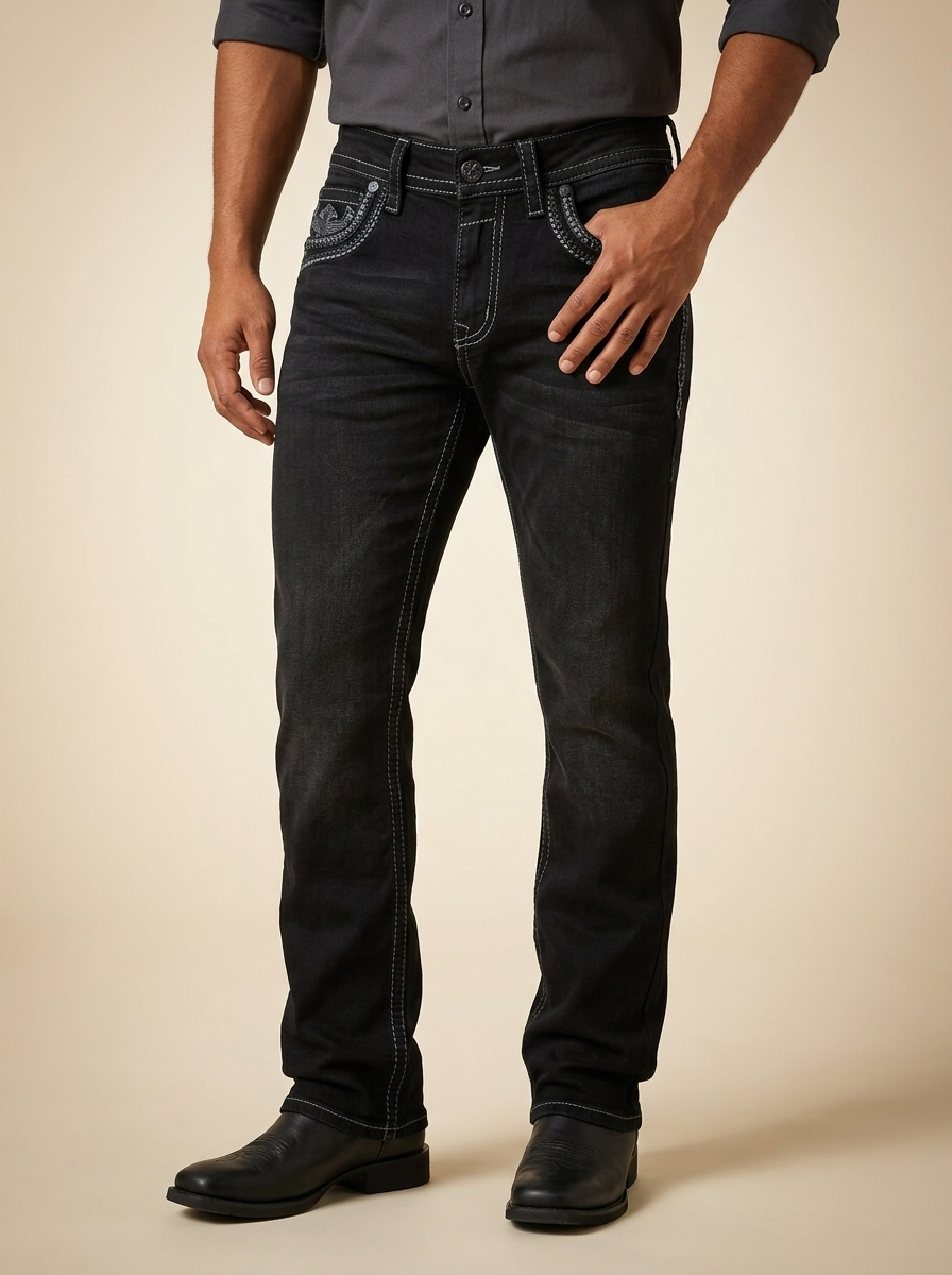 Men's Black Sandblasted Western Jeans with Contrast Stitching #ECS-M92