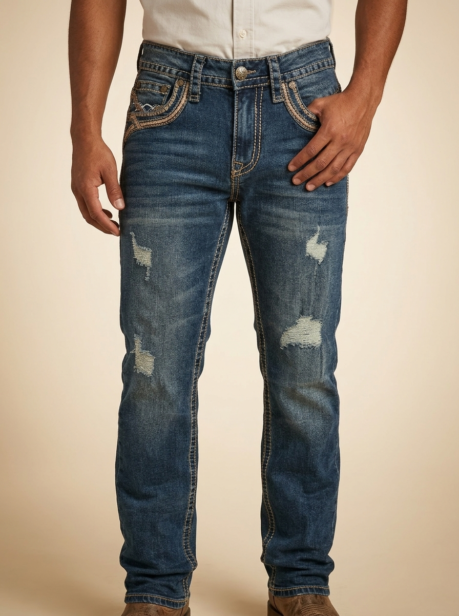 Heavy Stitch Distressed Bootcut Western Jeans in Medium Wash #ECS-U16