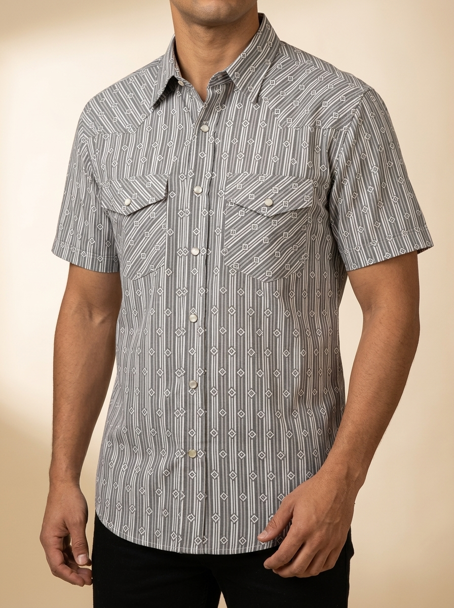 Geometric Stripe Short Sleeve Western Snap Shirt #128M/H25