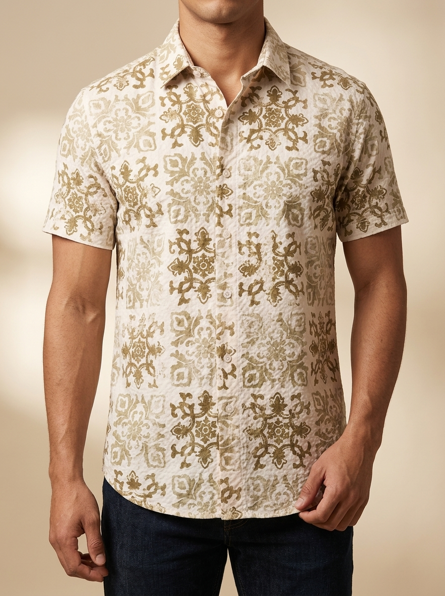 Vintage Mosaic Tile Print Short Sleeve Western Shirt #ESS928