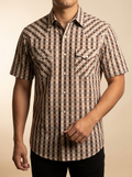 Men's Earth-Tone Southwestern Tribal Stripe Short Sleeve Western Shirt #FPS1002323