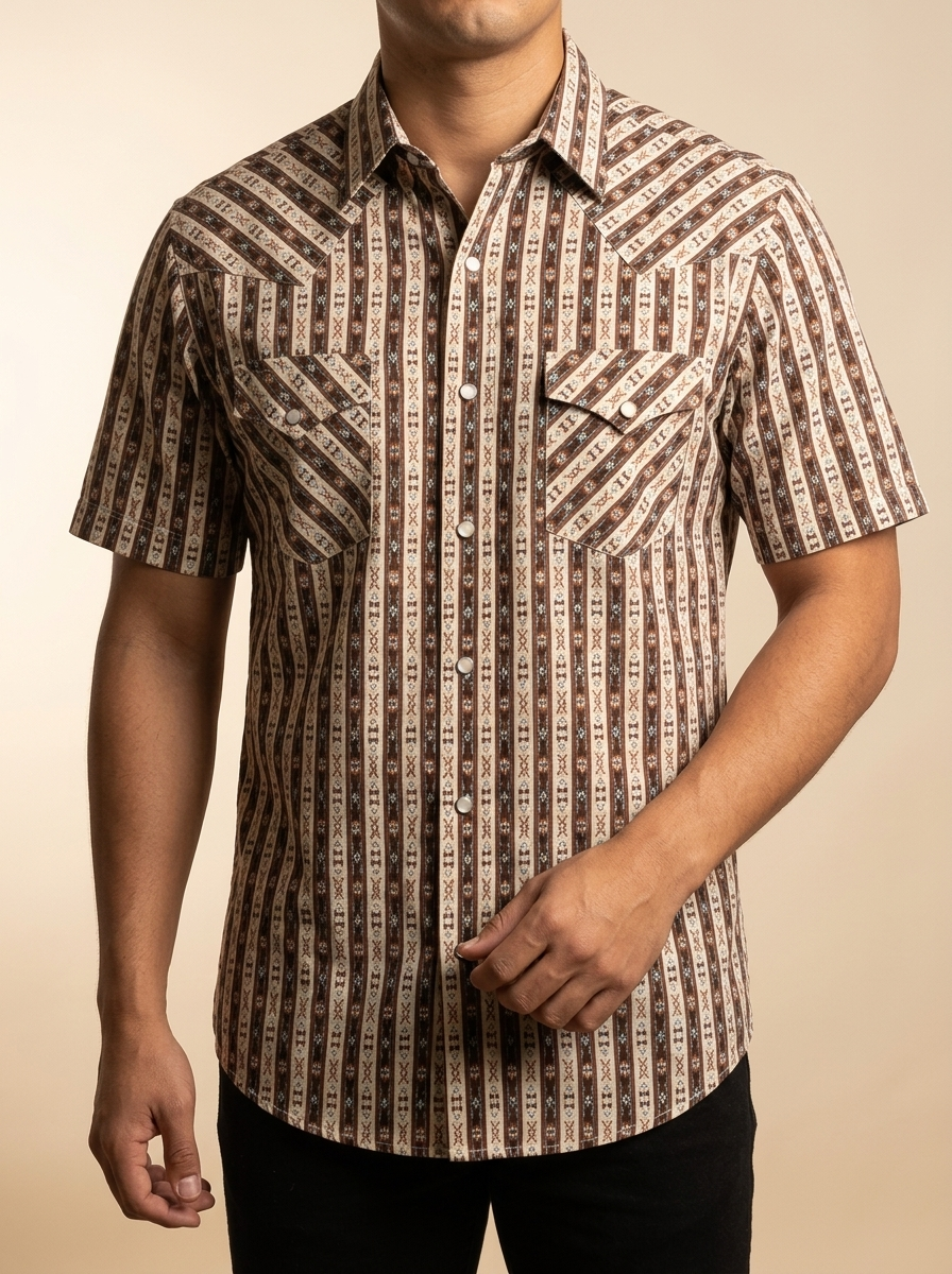 Men's Earth-Tone Southwestern Tribal Stripe Short Sleeve Western Shirt #FPS1002323