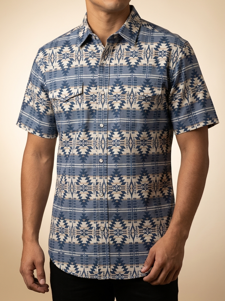 Men's Short Sleeve Aztec Print Westren Shirt #HT1861AZST