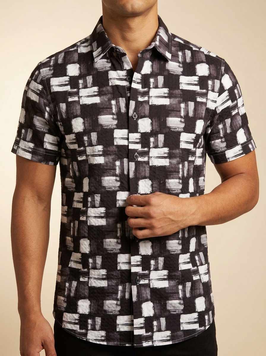 Men's Monochromatic Brushstroke Print Short Sleeve Western Shirt #ESS931