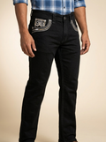 Men's Black Western Cowboy Cut Jeans with Embroidered Trim #ARF-HCOOL08