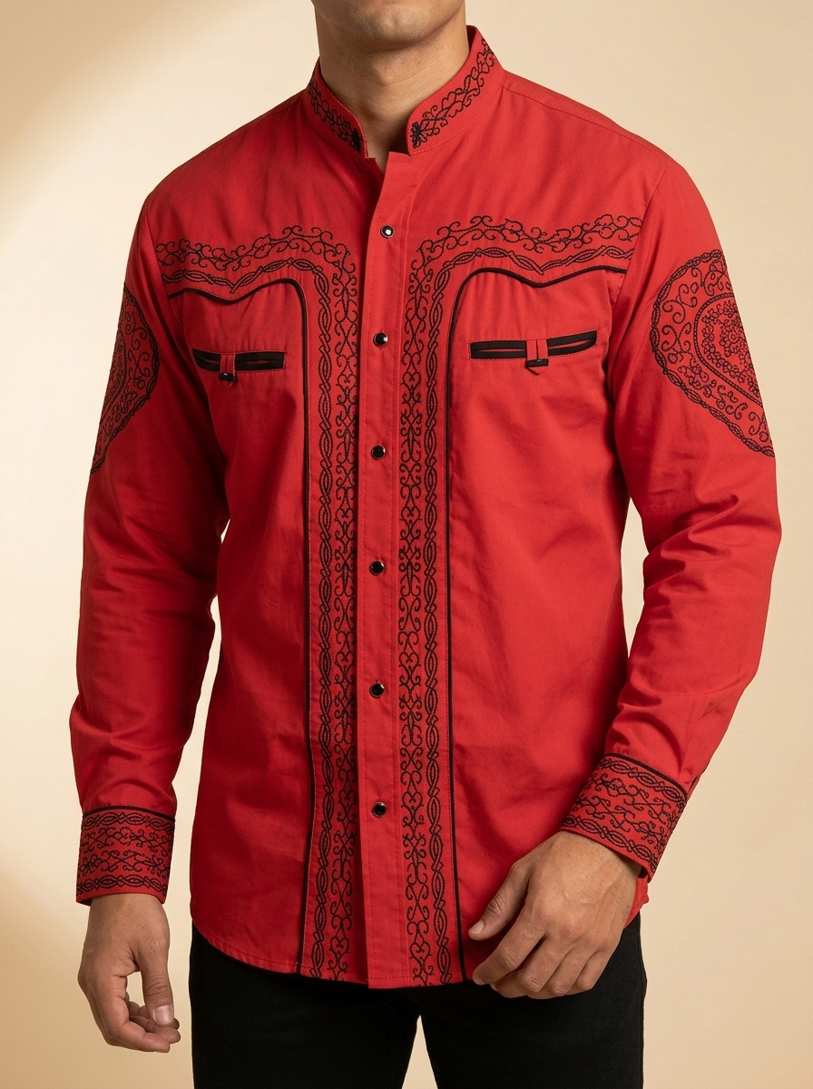 Charro-Style Western Shirt with Mandarin Collar #1009