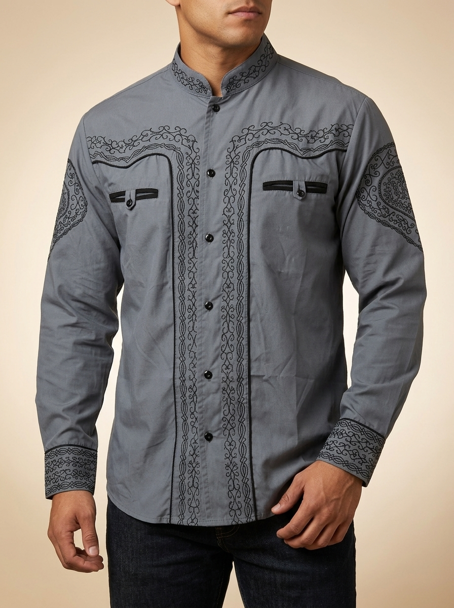 Charro-Style Western Shirt with Mandarin Collar #1009