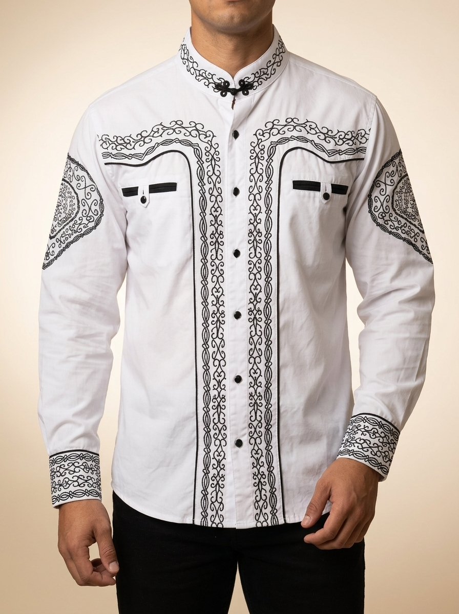 Charro-Style Western Shirt with Mandarin Collar #1009