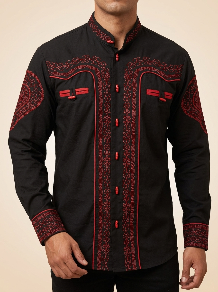 Charro-Style Western Shirt with Mandarin Collar #1009