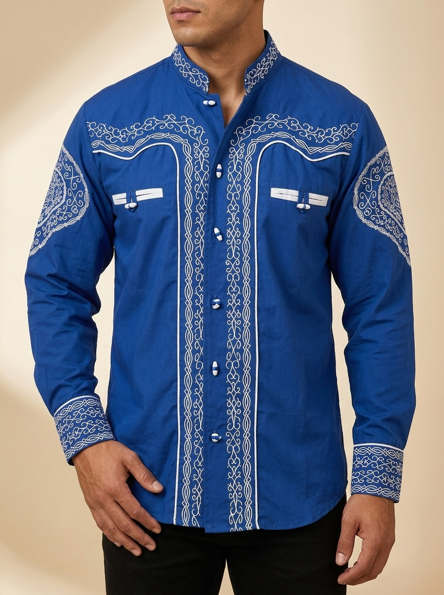 Charro-Style Western Shirt with Mandarin Collar #1009