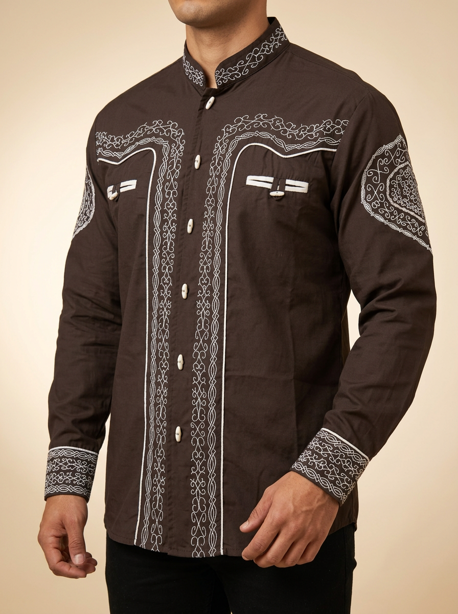 Charro-Style Western Shirt with Mandarin Collar #1009