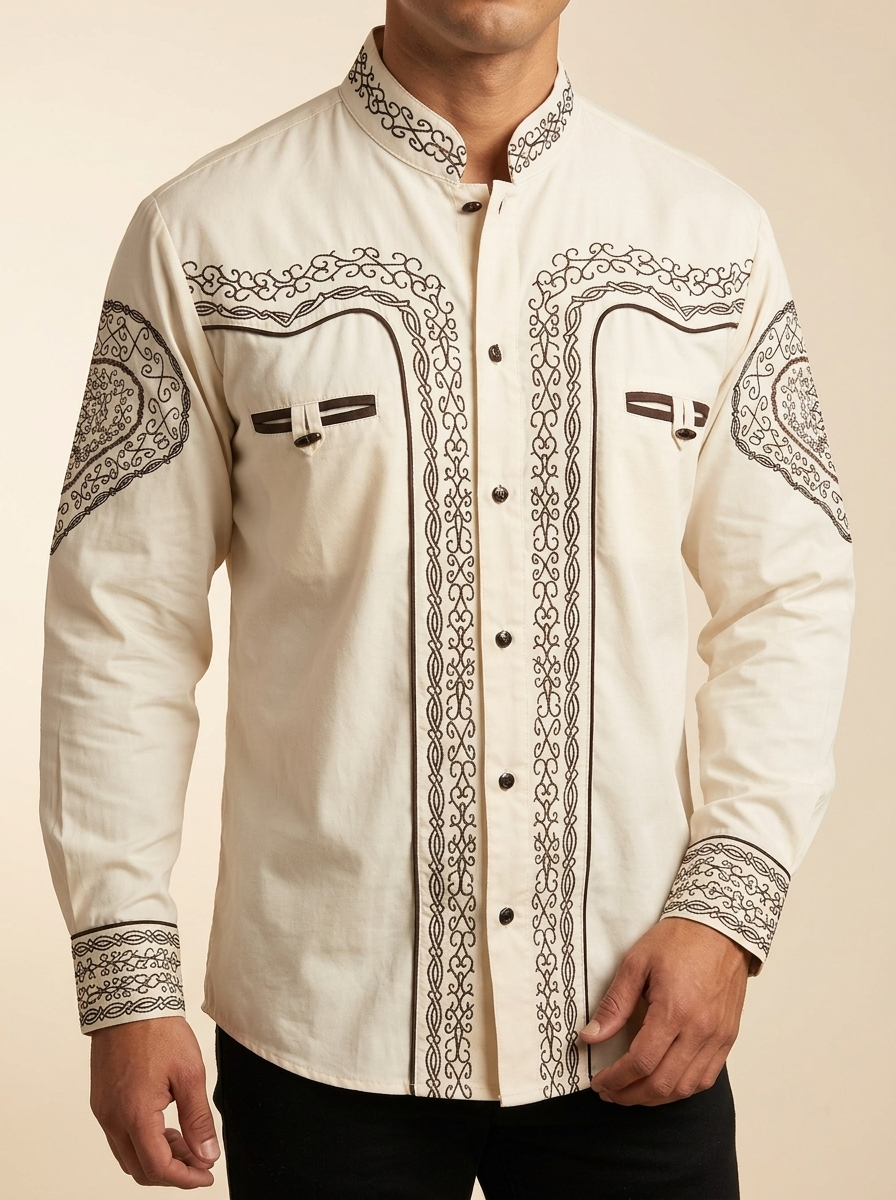 Charro-Style Western Shirt with Mandarin Collar #1009