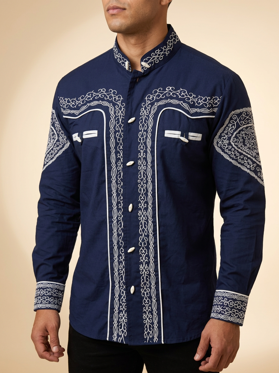 Charro-Style Western Shirt with Mandarin Collar #1009