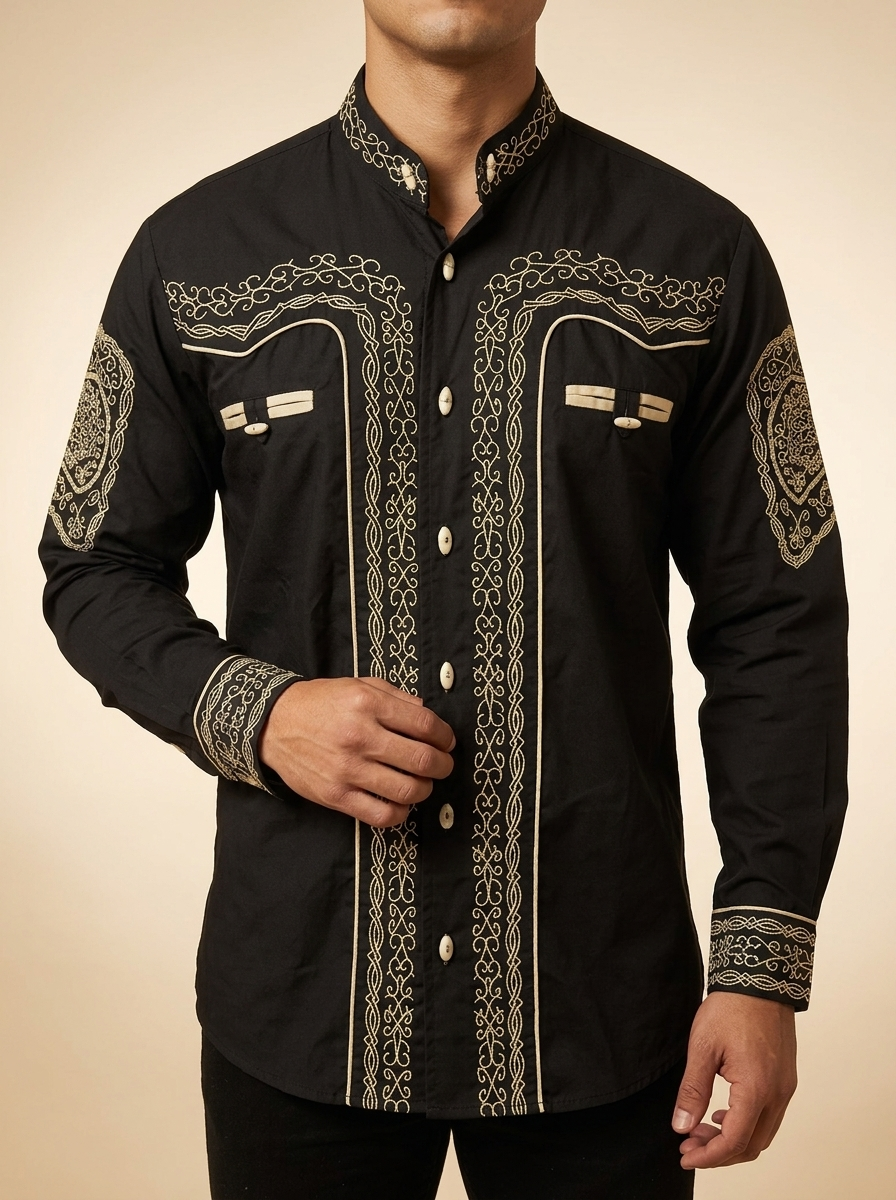 Charro-Style Western Shirt with Mandarin Collar #1009