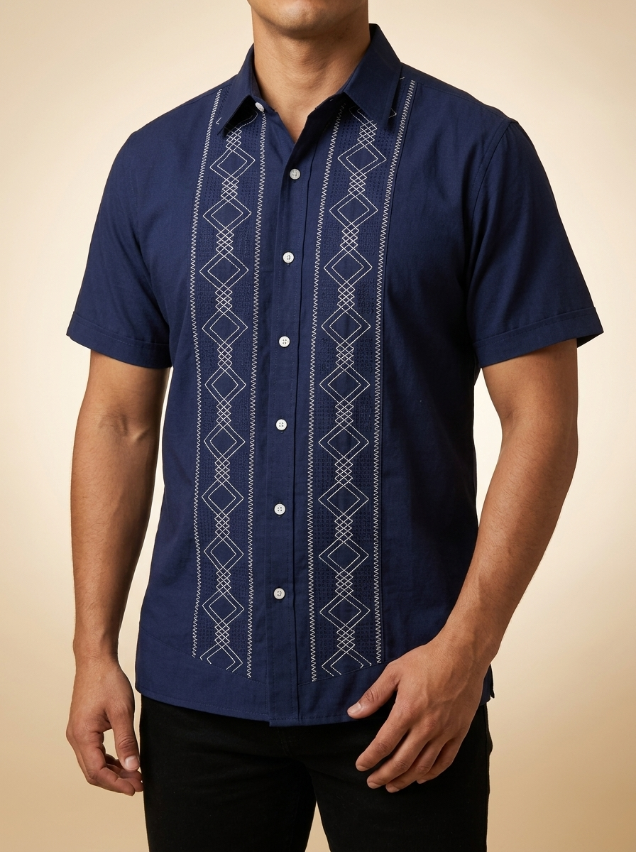 Navy Blue Short Sleeve Guayabera with Geometric Diamond Embroidery # 3004