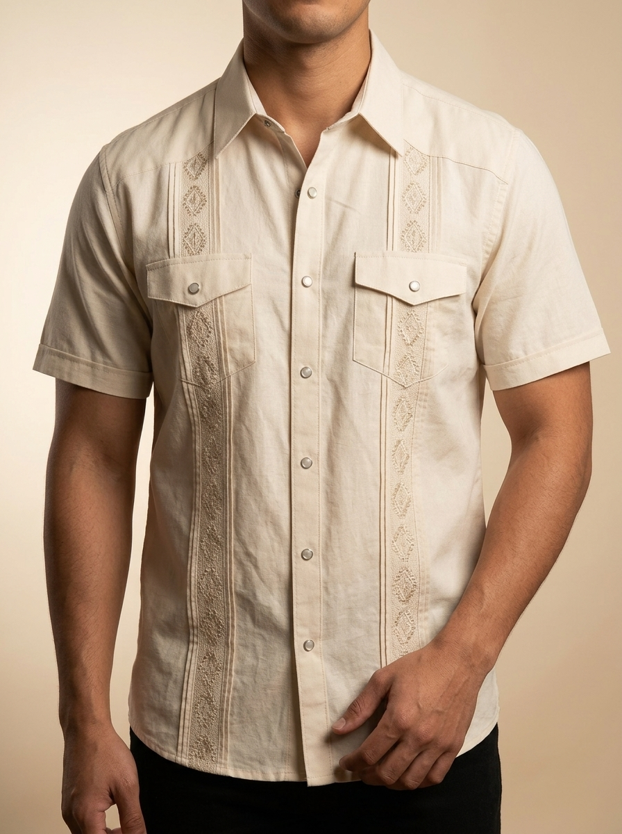 Traditional Short Sleeve Guayabera Shirt with Alforzas and Embroidery# 3002(DOS)