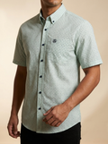 Men's Mint Geometric Micro-Print Short Sleeve Button-Down Shirt #SKCL2023113