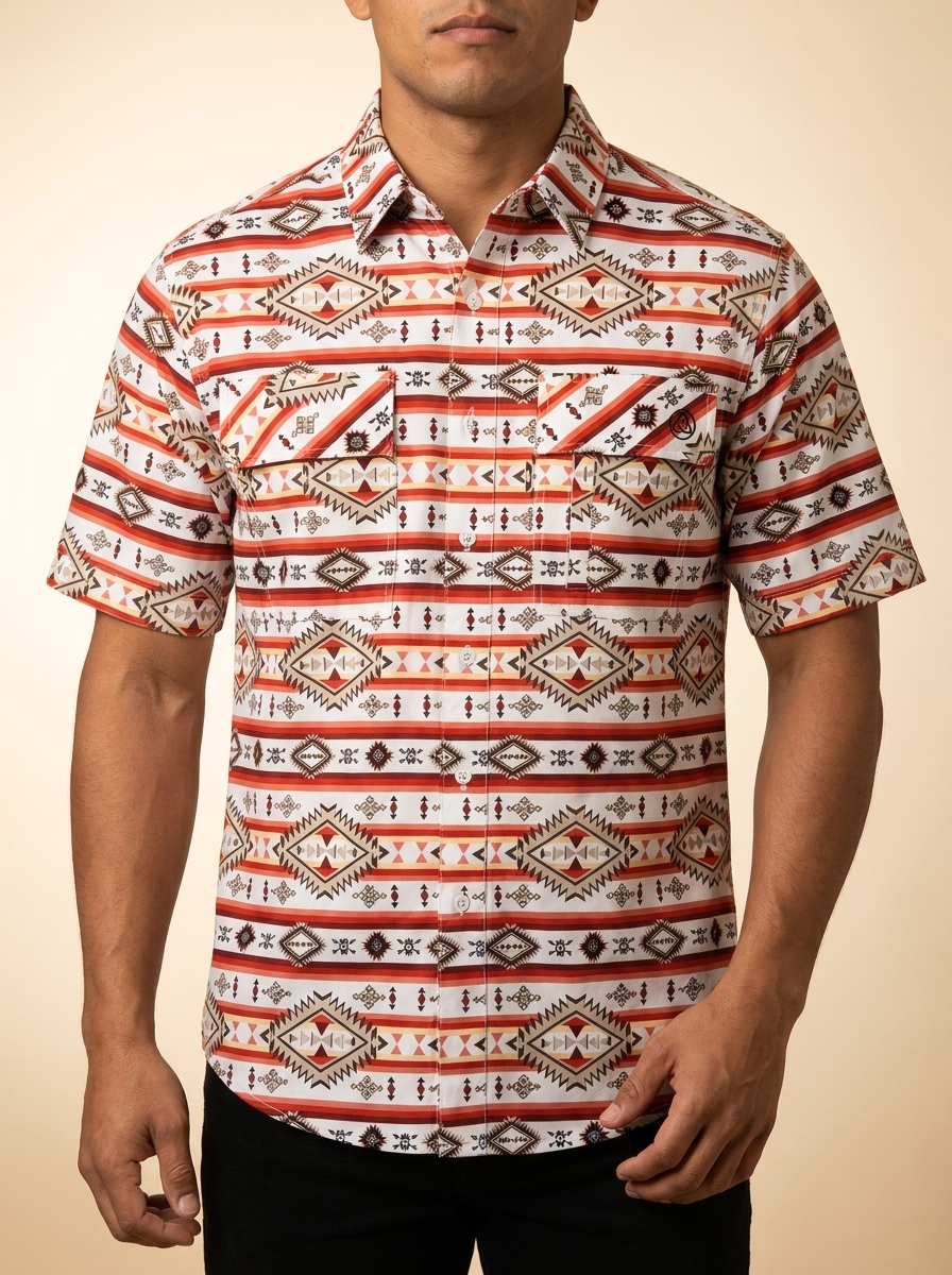 Geometric Aztec Print Short Sleeve Western Work Shirt #SKCL2023141