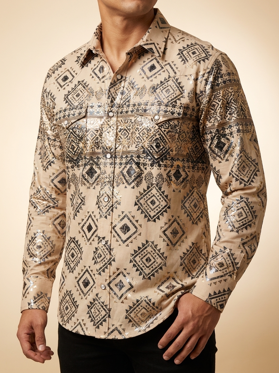 Lamasini Men's Aztec Geometric Print Pearl Snap Western Shirt  #LAM3039