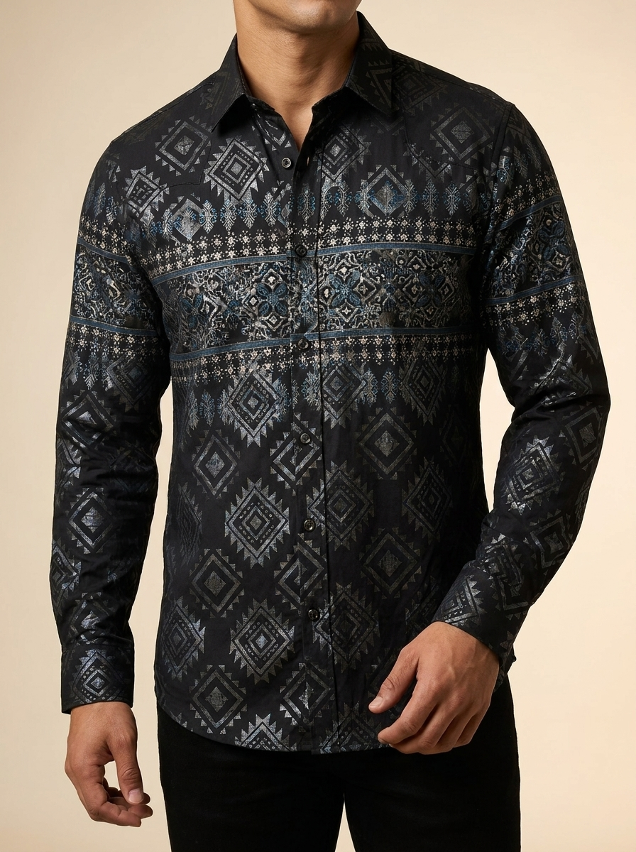 Lamasini Men's Aztec Geometric Print Pearl Snap Western Shirt  #LAM3039