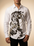 Western Snap-Front White Shirt with Horse Graphic and Bead Accents #ERS408