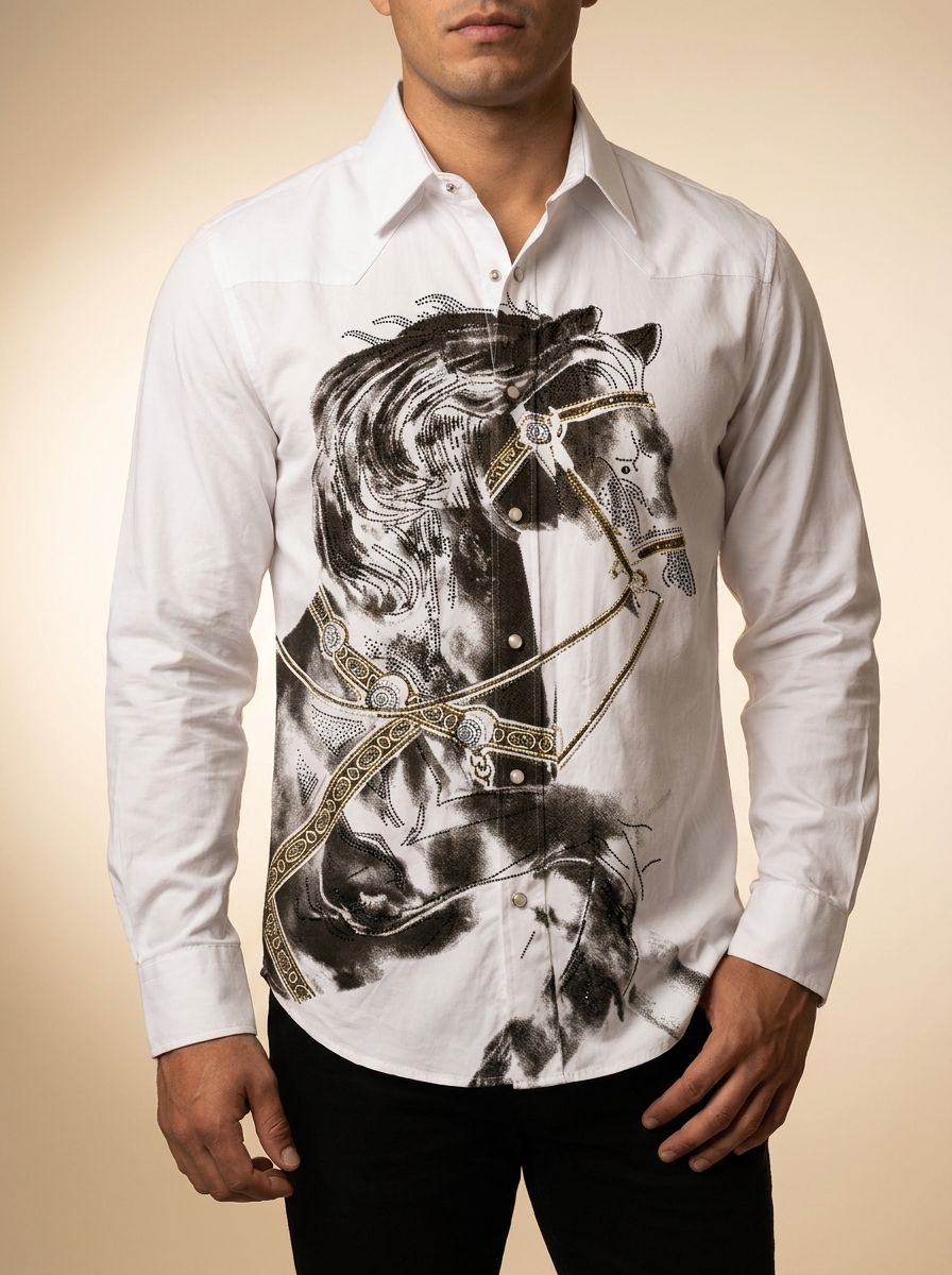 Western Snap-Front White Shirt with Horse Graphic and Bead Accents #ERS408